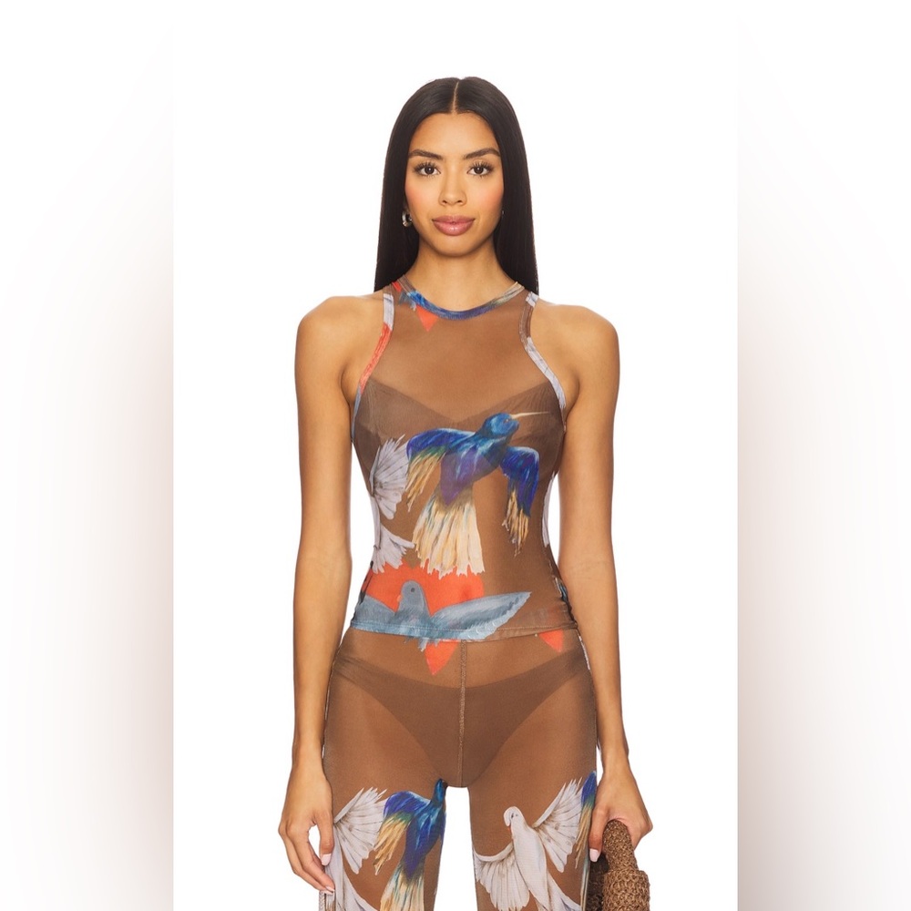 Brown Bird Print Tank Top